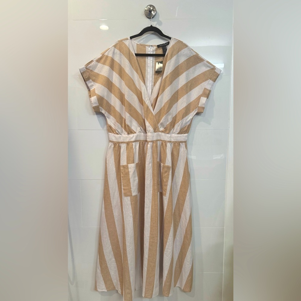 Ashley Stewart Tan White Striped Linen Blend Maxi Dress NWT Size 18 - Picture 4 of 9
